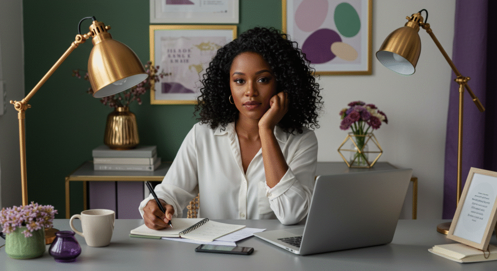 A realistic photo-style image of a confident Black woman in her early 30s, sitting calmly at a clean desk with a notebook, a laptop, and a cup of coffee. She looks thoughtful and composed while reviewing her personal finances. The home office is cozy and modern, with minimalist decor. Use a color palette featuring soft tones of green, purple, and gold to match the branding of the website "Renda Consciente". Add elegant decor accents like a small potted plant, gold-toned details, and soft purple lighting or accessories. The scene should feel peaceful, empowering, and aligned with conscious financial living. No text or written elements in the image.