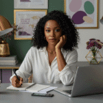 A realistic photo-style image of a confident Black woman in her early 30s, sitting calmly at a clean desk with a notebook, a laptop, and a cup of coffee. She looks thoughtful and composed while reviewing her personal finances. The home office is cozy and modern, with minimalist decor. Use a color palette featuring soft tones of green, purple, and gold to match the branding of the website "Renda Consciente". Add elegant decor accents like a small potted plant, gold-toned details, and soft purple lighting or accessories. The scene should feel peaceful, empowering, and aligned with conscious financial living. No text or written elements in the image.