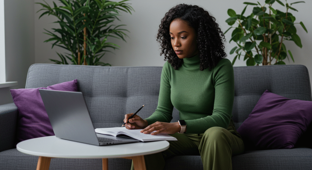 mulher negra, 30 anos, roupa verde, sentada no sofá cinza, almofada roxa, plantas ao fundo, com mesa própria para notebook, com notebook aberto e ligado. mulher olhando concentrada, estudando.
