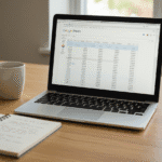 Uma mesa de madeira clara com um notebook aberto exibindo uma planilha de gastos no Google Sheets, ao lado de uma caneca de café e um caderno com anotações financeiras manuscritas. Ao fundo, luz natural entra por uma janela. A cena transmite organização financeira, produtividade e simplicidade. Cores suaves, estilo realista, foco nítido nos elementos da planilha.