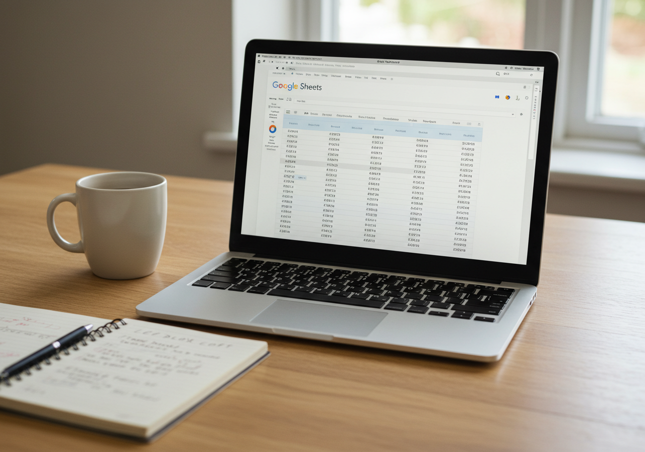 Uma mesa de madeira clara com um notebook aberto exibindo uma planilha de gastos no Google Sheets, ao lado de uma caneca de café e um caderno com anotações financeiras manuscritas. Ao fundo, luz natural entra por uma janela. A cena transmite organização financeira, produtividade e simplicidade. Cores suaves, estilo realista, foco nítido nos elementos da planilha.