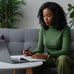 mulher negra, 30 anos, roupa verde, sentada no sofá cinza, almofada roxa, plantas ao fundo, com mesa própria para notebook, com notebook aberto e ligado. mulher olhando concentrada, estudando.