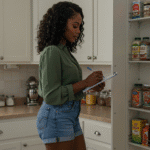 black woman, 30 years old, denim shorts, green blouse, with the kitchen pantry open, holding a notepad and pen, as if she were checking the pantry to make the shopping list.