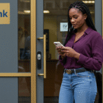 mulher, 30 anos, de trança, em pé, calça jeans e blusa roxa, em frente a porta de vidro de uma agencia bancária (cinza e dourada), com um celular na mão, e olhando para ele.