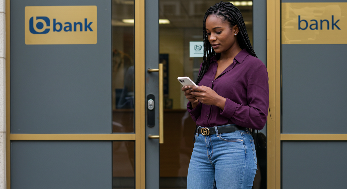 mulher, 30 anos, de trança, em pé, calça jeans e blusa roxa, em frente a porta de vidro de uma agencia bancária (cinza e dourada), com um celular na mão, e olhando para ele.