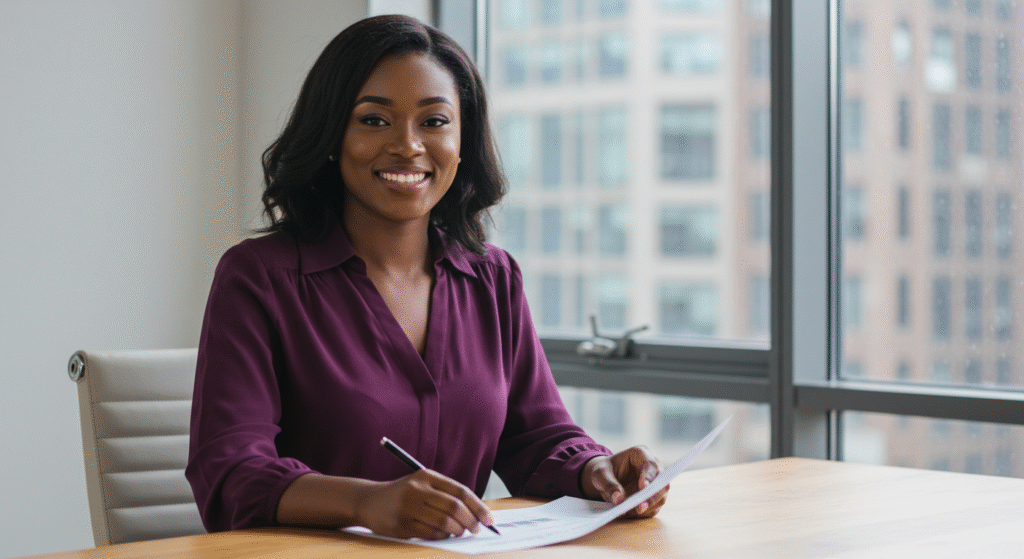 mulher negra, 30 anos, iniciando no mundo dos investimentos. blusa roxa