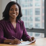mulher negra, 30 anos, iniciando no mundo dos investimentos. blusa roxa