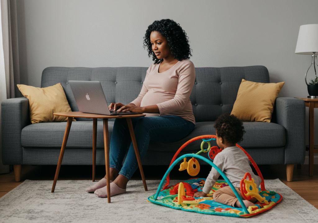 mulher negra, 30 anos, gravida, sentada no sofá cinza, à mesa própria para para laptop, trabalhando no laptop, enquanto uma criança de 3 anos brinca no chão da sala, sob um tapete de atividades.
