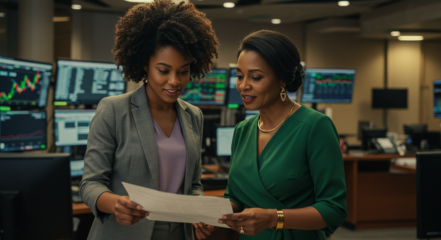 uma mulher negra, 30 anos, atendendo uma mulher parda 50 anos. tema: mercado financeiro.