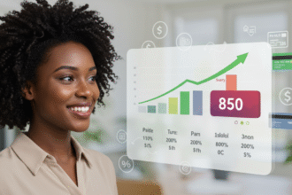 imagem realista, mostrando uma mulher negra feliz olhando para um painel digital com gráficos de pontuação subindo (indicando aumento no score de crédito). O painel deve exibir um número grande (ex: 850) com uma seta verde apontando para cima. No fundo, elementos sutis como ícones de dinheiro, contas pagas e cartões de crédito. A imagem deve transmitir confiança, organização e progresso financeiro.