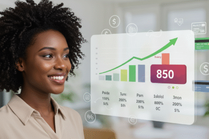 imagem realista, mostrando uma mulher negra feliz olhando para um painel digital com gráficos de pontuação subindo (indicando aumento no score de crédito). O painel deve exibir um número grande (ex: 850) com uma seta verde apontando para cima. No fundo, elementos sutis como ícones de dinheiro, contas pagas e cartões de crédito. A imagem deve transmitir confiança, organização e progresso financeiro.