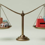 Uma balança com dois pratos: de um lado, uma mala de dinheiro, livros e uma pequena casa; do outro lado, sacolas de compras, um cartão de crédito vermelho e boletos empilhados. Fundo claro, elementos com cores suaves e contrastes bem definidos. Estilo limpo, moderno e educativo. Ideal para um blog de finanças pessoais.