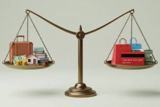 Uma balança com dois pratos: de um lado, uma mala de dinheiro, livros e uma pequena casa; do outro lado, sacolas de compras, um cartão de crédito vermelho e boletos empilhados. Fundo claro, elementos com cores suaves e contrastes bem definidos. Estilo limpo, moderno e educativo. Ideal para um blog de finanças pessoais.