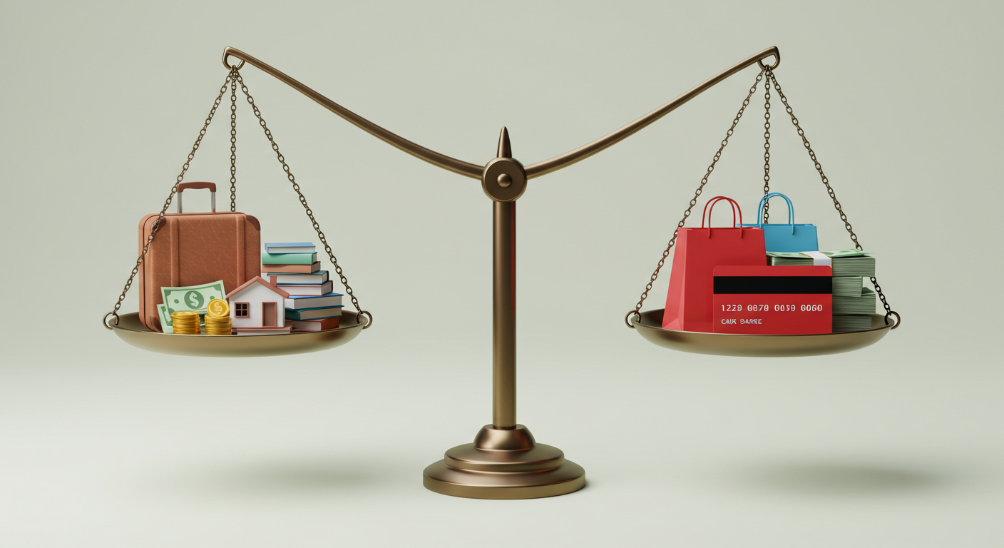 Uma balança com dois pratos: de um lado, uma mala de dinheiro, livros e uma pequena casa; do outro lado, sacolas de compras, um cartão de crédito vermelho e boletos empilhados. Fundo claro, elementos com cores suaves e contrastes bem definidos. Estilo limpo, moderno e educativo. Ideal para um blog de finanças pessoais.