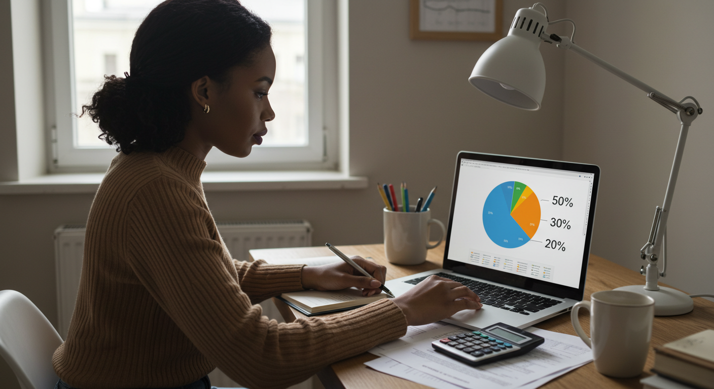 Uma cena realista de uma jovem mulher negra sentada em uma escrivaninha organizada, controlando suas finanças pessoais. Ela está concentrada e tranquila, usando um notebook que exibe um gráfico de pizza colorido com as divisões 50%, 30% e 20%. Sobre a mesa há uma caneca de café, uma calculadora, uma planilha impressa e alguns papéis espalhados. O ambiente é suavemente iluminado com luz natural vinda de uma janela, criando uma atmosfera acolhedora e tranquila. O clima geral deve transmitir controle financeiro e equilíbrio.