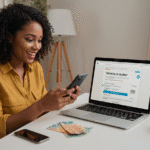 A realistic photo showing a Brazilian black woman in her 30s using a smartphone while sitting at a clean desk with a laptop open to the Banco Central's "valores a receber" website. She looks pleasantly surprised as she checks for unclaimed money using her CPF. The room has natural daylight, soft colors, and minimal decor. On the desk, visible Brazilian banknotes (R$50, R$100) next to the phone or keyboard suggest a money-related discovery. The atmosphere is light, hopeful, and professional. No logos or text on the screen. Focus on financial discovery and trust.