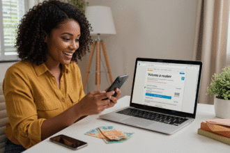 A realistic photo showing a Brazilian black woman in her 30s using a smartphone while sitting at a clean desk with a laptop open to the Banco Central's "valores a receber" website. She looks pleasantly surprised as she checks for unclaimed money using her CPF. The room has natural daylight, soft colors, and minimal decor. On the desk, visible Brazilian banknotes (R$50, R$100) next to the phone or keyboard suggest a money-related discovery. The atmosphere is light, hopeful, and professional. No logos or text on the screen. Focus on financial discovery and trust.