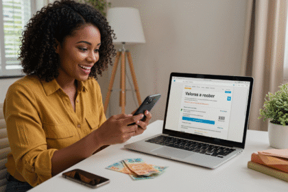 A realistic photo showing a Brazilian black woman in her 30s using a smartphone while sitting at a clean desk with a laptop open to the Banco Central's "valores a receber" website. She looks pleasantly surprised as she checks for unclaimed money using her CPF. The room has natural daylight, soft colors, and minimal decor. On the desk, visible Brazilian banknotes (R$50, R$100) next to the phone or keyboard suggest a money-related discovery. The atmosphere is light, hopeful, and professional. No logos or text on the screen. Focus on financial discovery and trust.