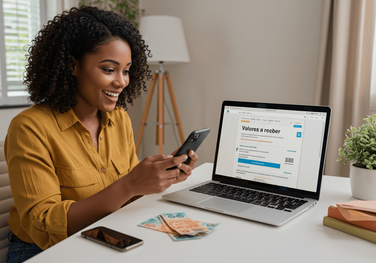 A realistic photo showing a Brazilian black woman in her 30s using a smartphone while sitting at a clean desk with a laptop open to the Banco Central's "valores a receber" website. She looks pleasantly surprised as she checks for unclaimed money using her CPF. The room has natural daylight, soft colors, and minimal decor. On the desk, visible Brazilian banknotes (R$50, R$100) next to the phone or keyboard suggest a money-related discovery. The atmosphere is light, hopeful, and professional. No logos or text on the screen. Focus on financial discovery and trust.