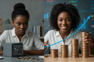 Uma imagem realista e conceitual dividida em duas partes, como uma comparação visual: À esquerda, uma mulher negra jovem adulta de expressão neutra olhando para um cofre pequeno com algumas moedas; o ambiente é simples, com iluminação suave. À direita, a mesma mulher negra jovem agora sorrindo, observando uma pilha alta de moedas e um gráfico curvo no fundo (crescimento exponencial, representando os juros compostos). Ao fundo, um quadro ou tela com números e gráficos em azul e verde. A imagem deve transmitir progresso financeiro, educação e tomada de decisão. Cores realistas, iluminação suave, ambiente de escritório ou estudo, com tons modernos e confiáveis.