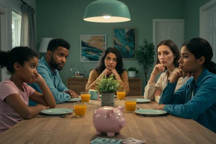 uma família miscigenada sentada em volta de uma mesa de jantar, mas todos estão em silêncio, trocando olhares desconfortáveis, enquanto há um cofrinho ou uma fatura de conta no centro da mesa. A atmosfera transmite leve tensão, mas com cores suaves (tons de azul, bege, verde-claro) para manter um tom leve. Ao fundo, elementos sutis de casa (como quadros ou plantas). A imagem deve simbolizar o “tabu do dinheiro” e a dificuldade de conversar sobre finanças em família, sem parecer pesada ou negativa.