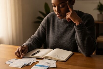 Pessoa sentada, pensativa, olhando contas ou notebook (contexto financeiro)