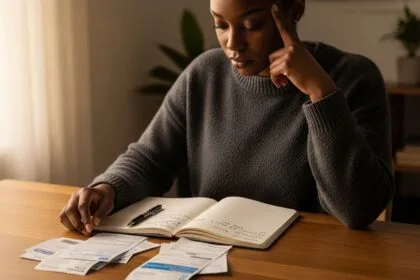 Pessoa sentada, pensativa, olhando contas ou notebook (contexto financeiro)