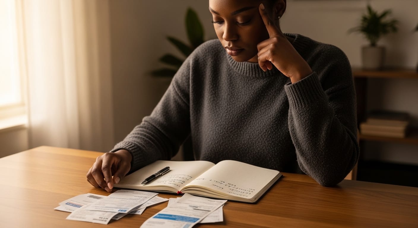 Pessoa sentada, pensativa, olhando contas ou notebook (contexto financeiro)